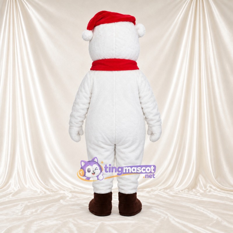 White Polar Bear Mascot Costume - Santa Hat and Red Scarf, Brown Feet and Closed Eyes White Polar Bear Mascot Costume - Santa Hat and Red Scarf, Brown Feet and Closed Eyes