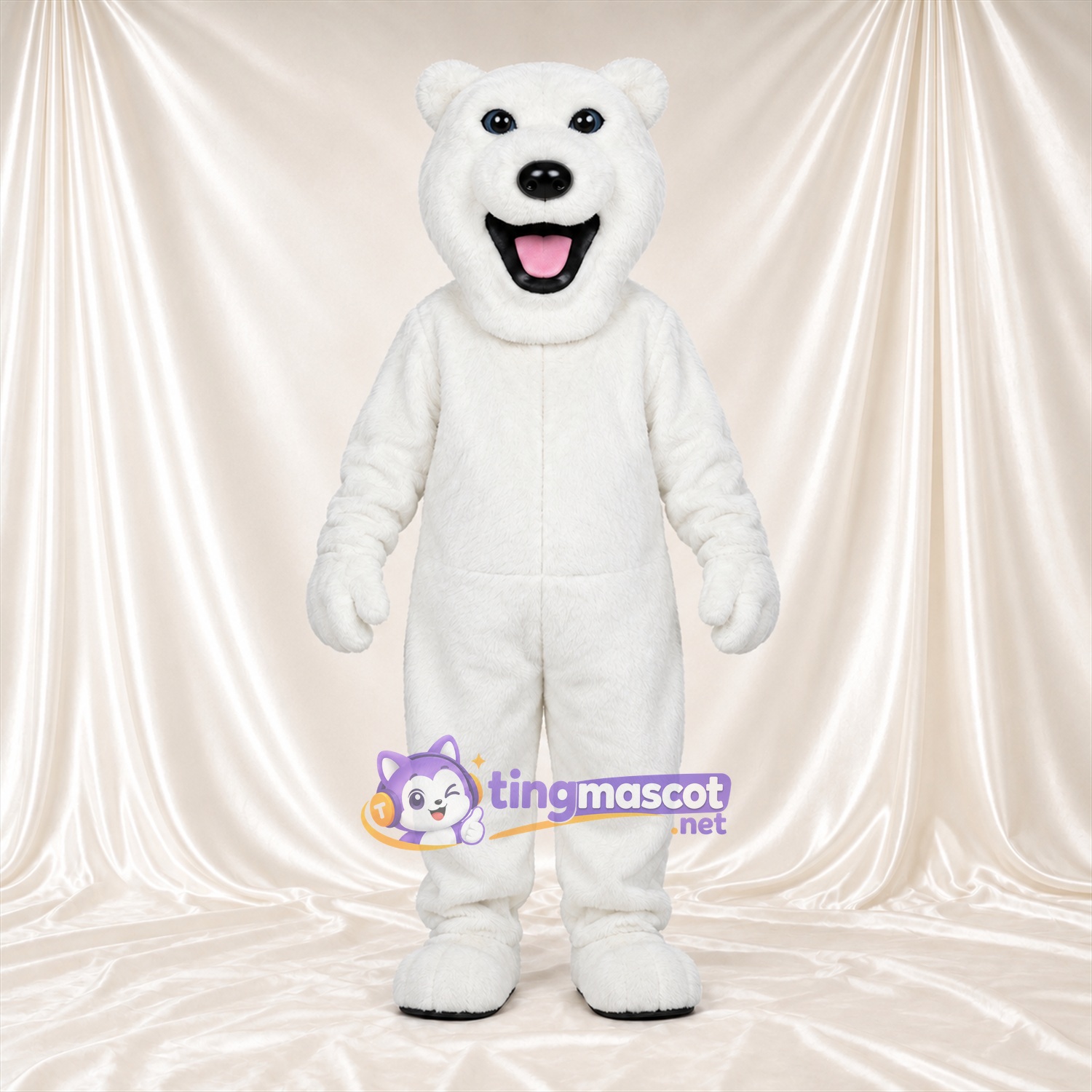 Costume de mascotte Ours polaire – blanc – Sourire avec dents; Langue (rose) Costume de mascotte Ours polaire – blanc – Sourire avec dents; Langue (rose)