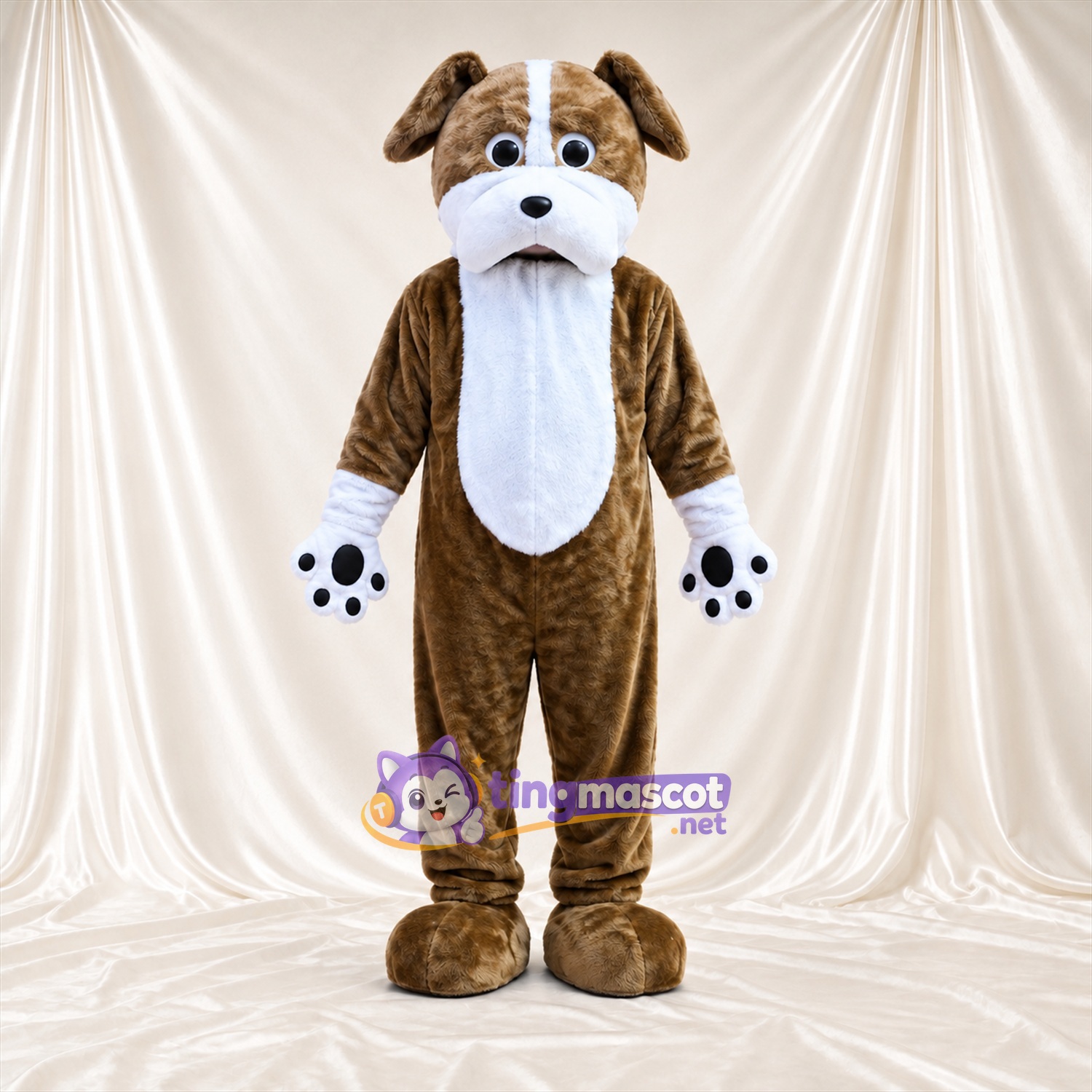 Costume de mascotte Chien – marron / blanc – Coussinets (noir); Yeux (bleu) Costume de mascotte Chien – marron / blanc – Coussinets (noir); Yeux (bleu)