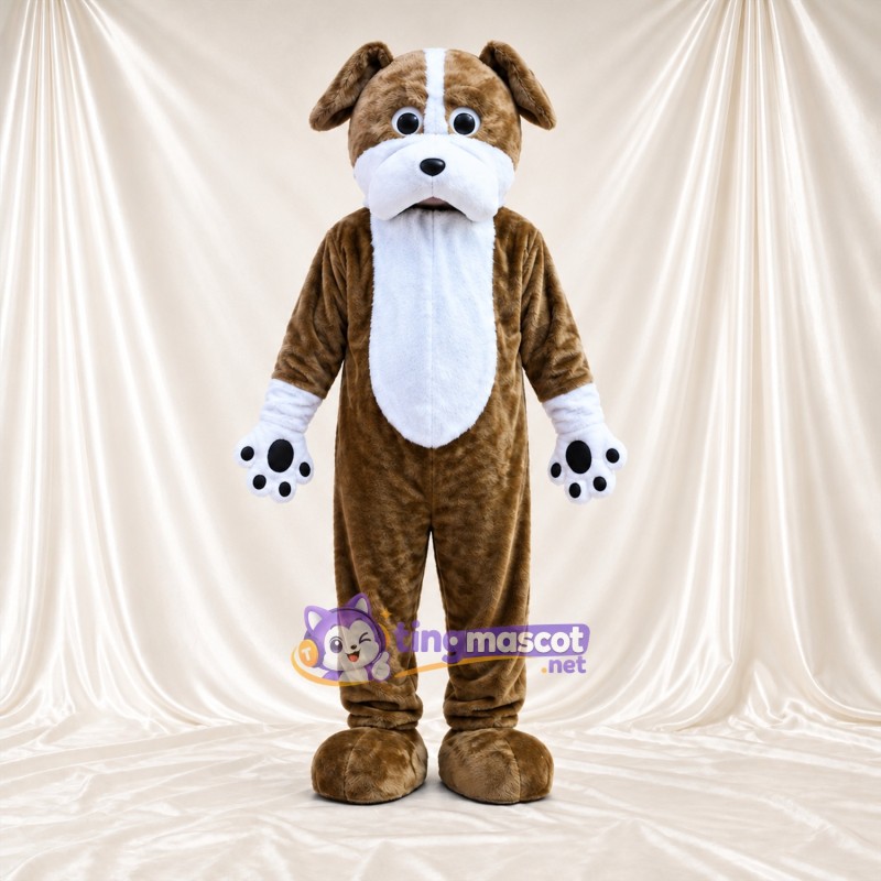 Costume de mascotte Chien – marron / blanc – Coussinets (noir); Yeux (bleu) Costume de mascotte Chien – marron / blanc – Coussinets (noir); Yeux (bleu)