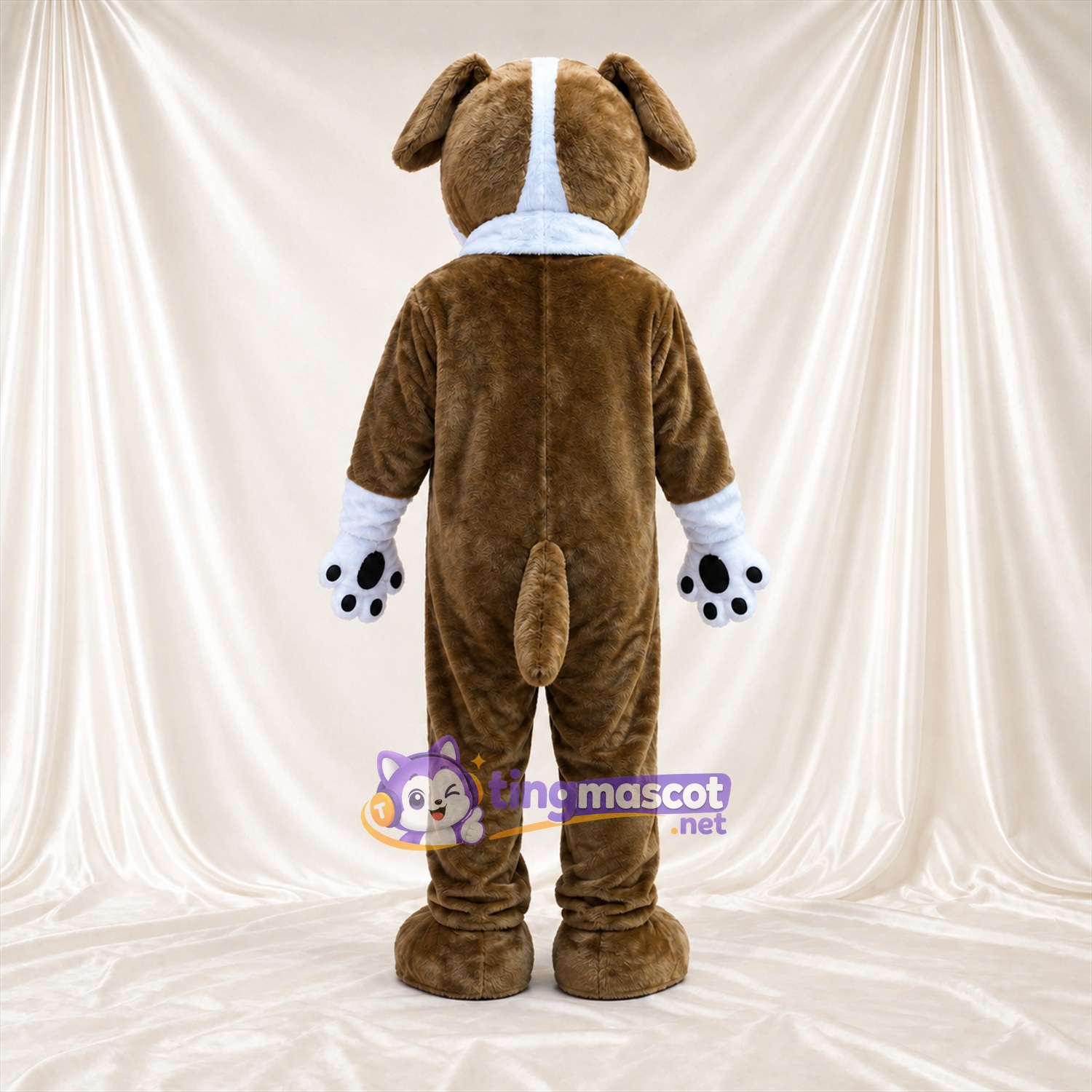 Costume de mascotte Chien – marron / blanc – Coussinets (noir); Yeux (bleu) Costume de mascotte Chien – marron / blanc – Coussinets (noir); Yeux (bleu)
