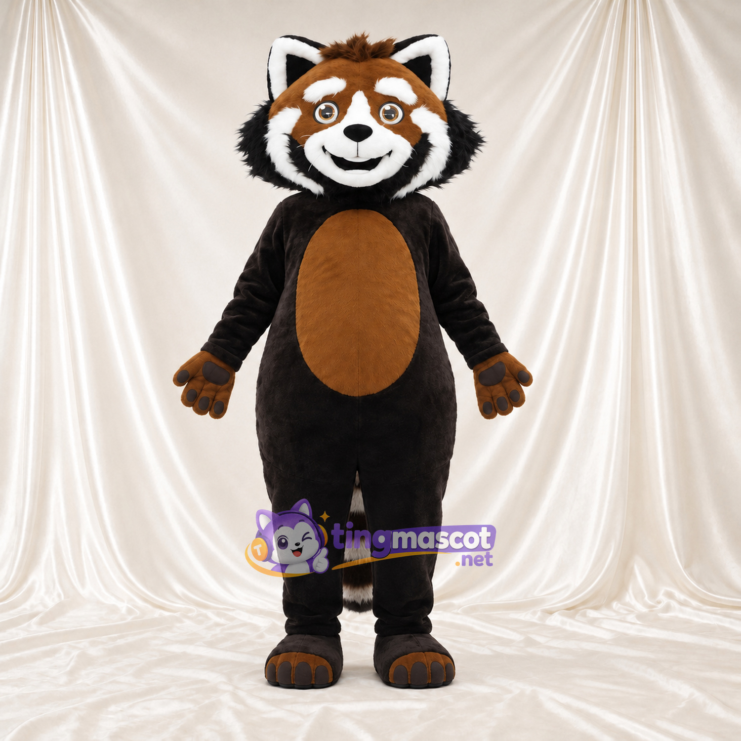 Brown and Black Red Panda Mascot Costume - Tan Belly and White-Striped Tail Brown and Black Red Panda Mascot Costume - Tan Belly and White-Striped Tail