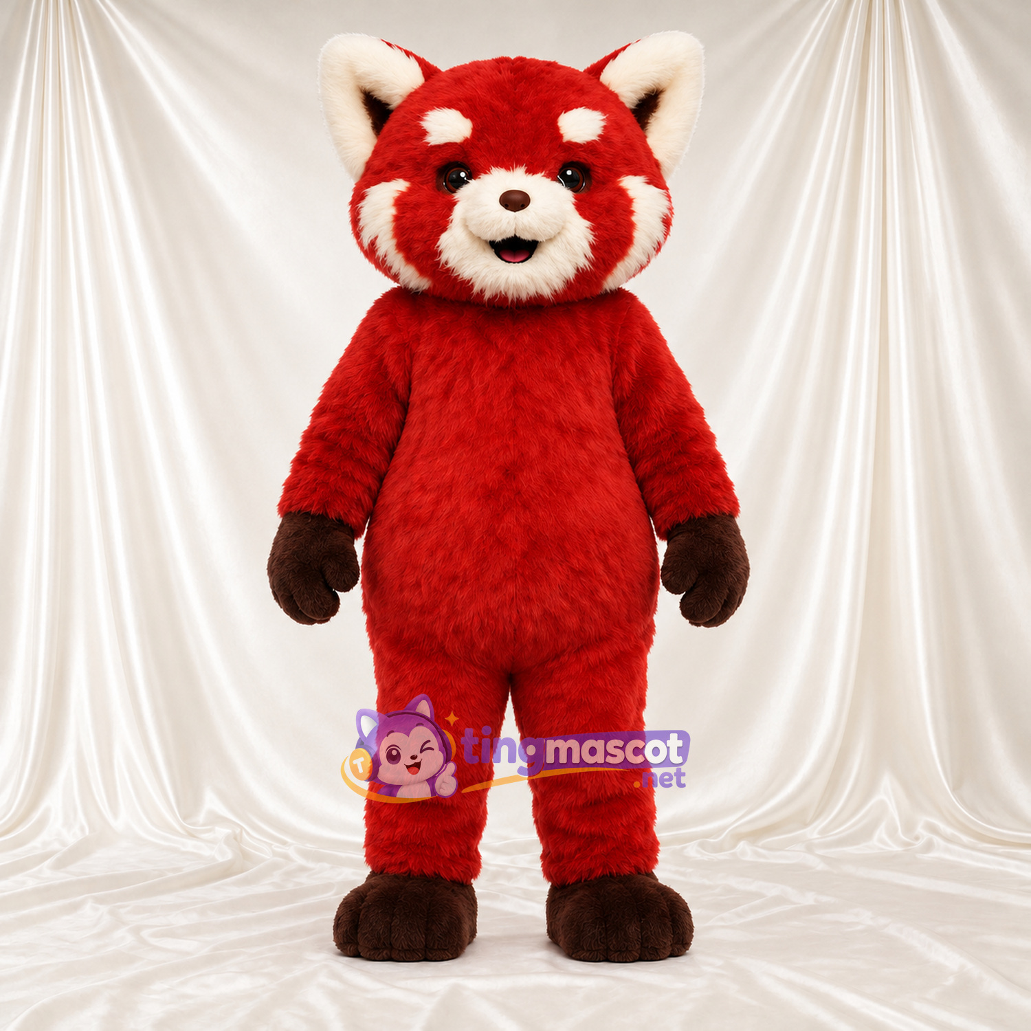 Costume de mascotte Panda roux – rouge – Queue rayée (blanc); Mains (marron) Costume de mascotte Panda roux – rouge – Queue rayée (blanc); Mains (marron)