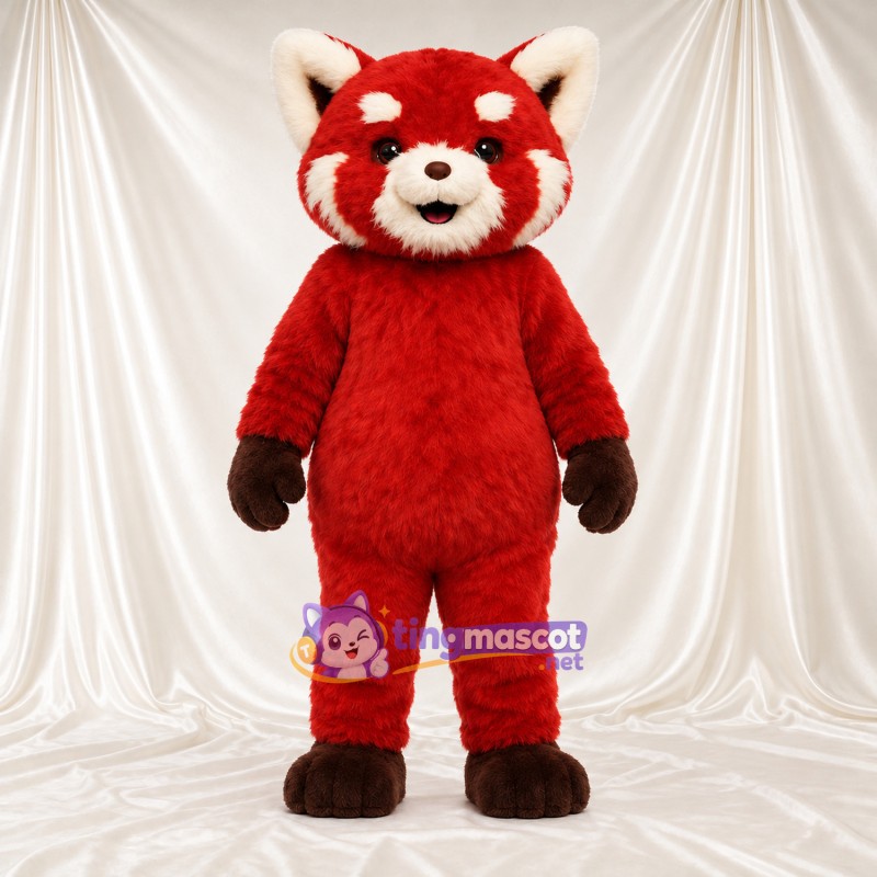 Costume de mascotte Panda roux – rouge – Queue rayée (blanc); Mains (marron)