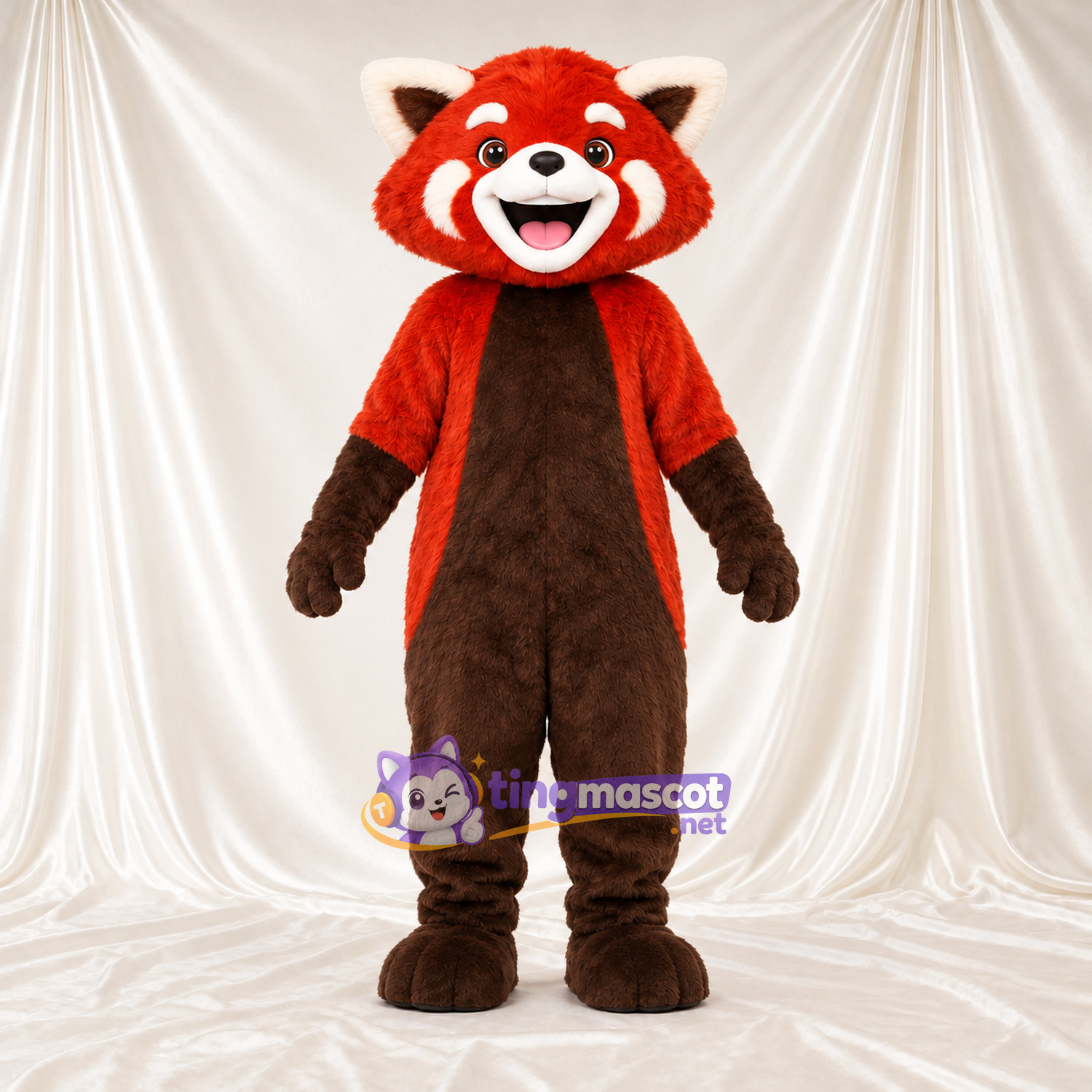 Costume de mascotte Panda roux – rouge / marron – Ventre (marron); Queue rayée (blanc) Costume de mascotte Panda roux – rouge / marron – Ventre (marron); Queue rayée (blanc)
