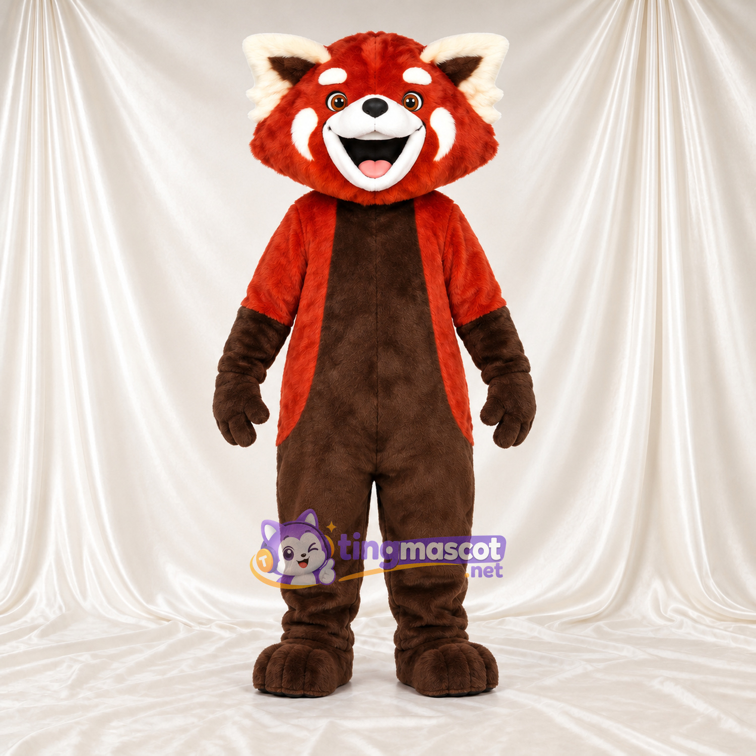 Costume de mascotte Panda roux – rouge / marron – Ventre (marron); Queue rayée (blanc) Costume de mascotte Panda roux – rouge / marron – Ventre (marron); Queue rayée (blanc)