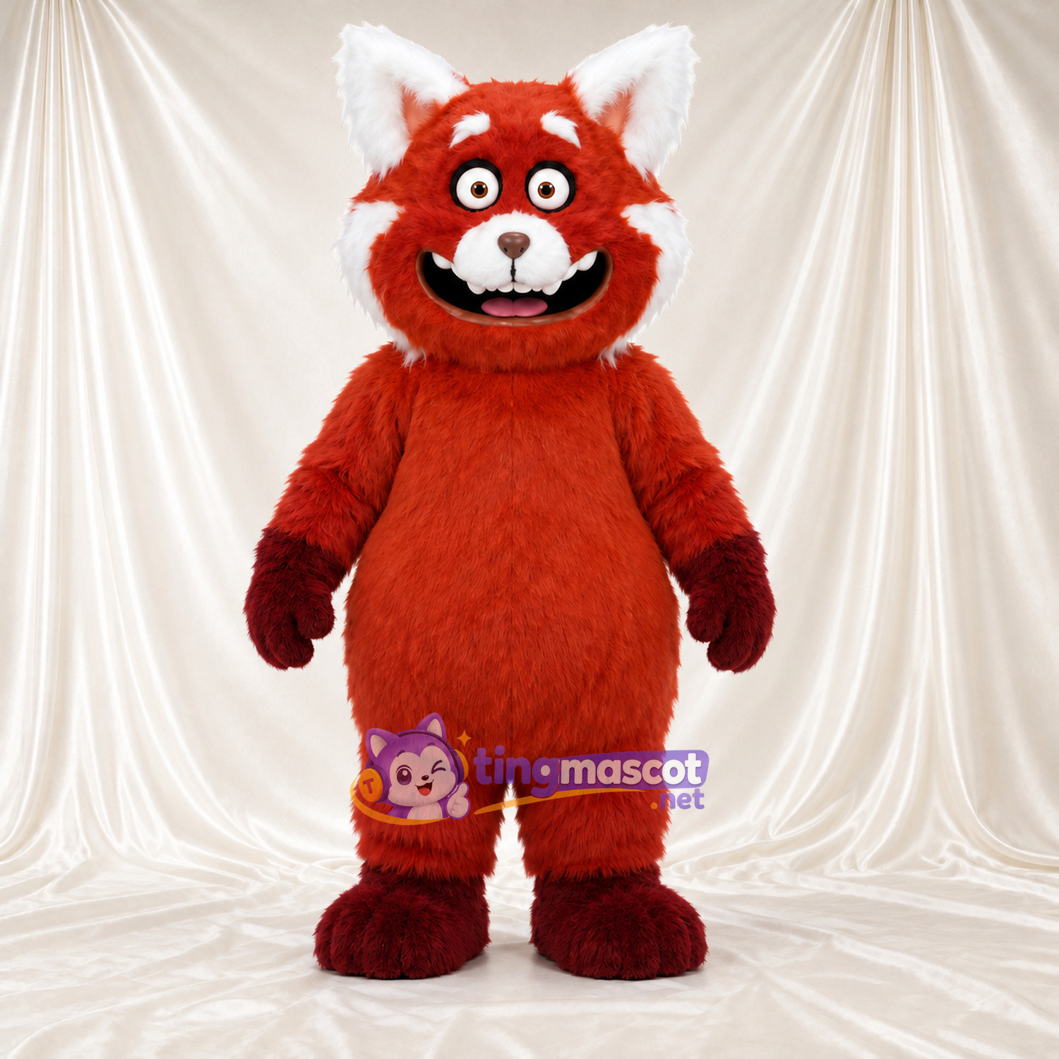 Costume de mascotte Panda roux – rouge – Mains (marron); Bouche ouverte Costume de mascotte Panda roux – rouge – Mains (marron); Bouche ouverte