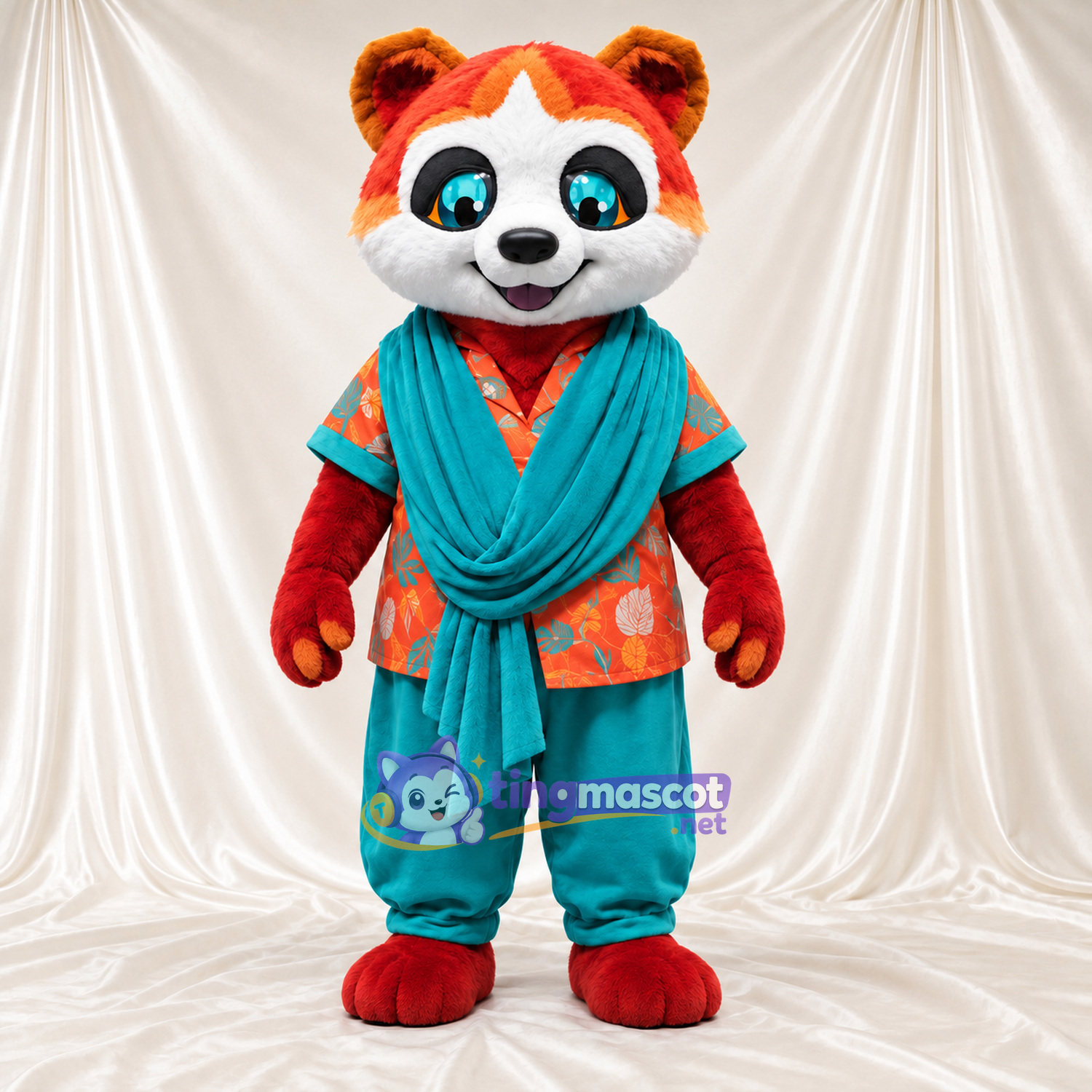 Costume de mascotte Panda roux – orange / rouge – Chemise; Écharpe (bleu canard) Costume de mascotte Panda roux – orange / rouge – Chemise; Écharpe (bleu canard)