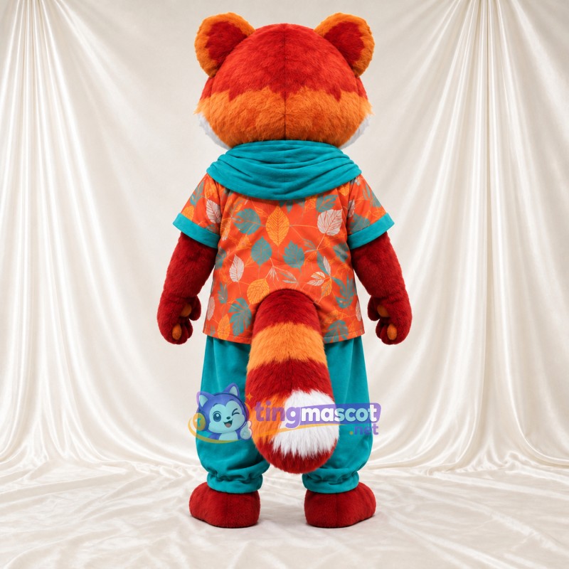 Costume de mascotte Panda roux – orange / rouge – Chemise; Écharpe (bleu canard) Costume de mascotte Panda roux – orange / rouge – Chemise; Écharpe (bleu canard)