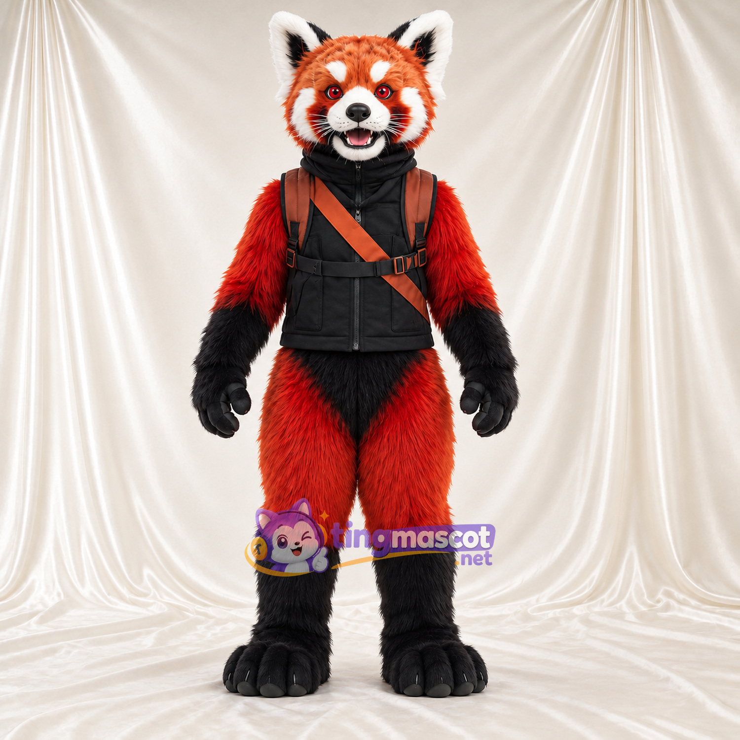 Costume de mascotte Panda roux – rouge / noir – Gilet (noir); Sac à dos (marron) Costume de mascotte Panda roux – rouge / noir – Gilet (noir); Sac à dos (marron)