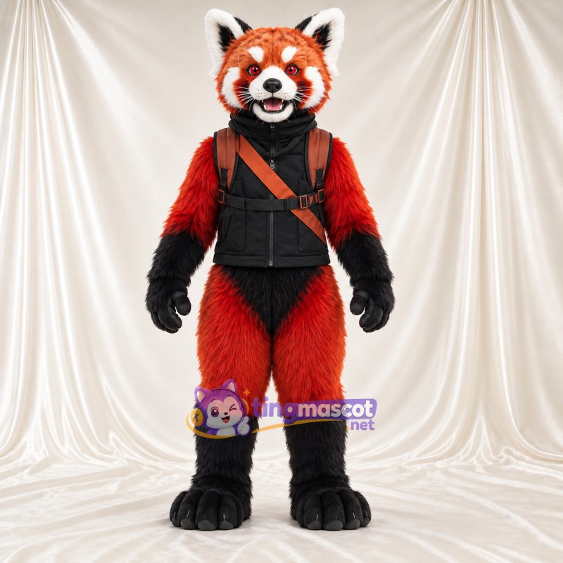 Costume de mascotte Panda roux – rouge / noir – Gilet (noir); Sac à dos (marron) Costume de mascotte Panda roux – rouge / noir – Gilet (noir); Sac à dos (marron)