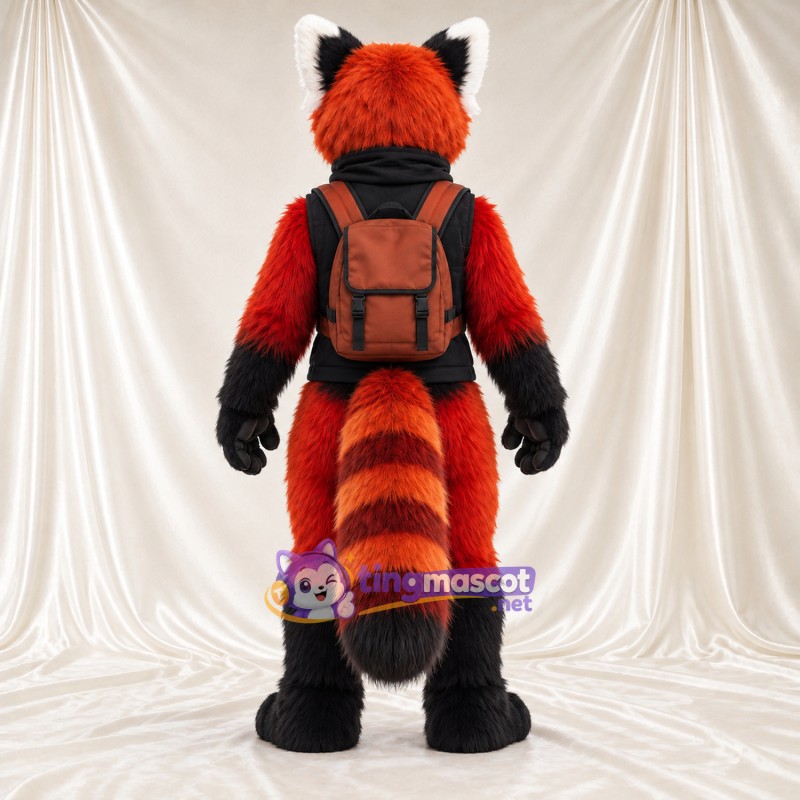 Costume de mascotte Panda roux – rouge / noir – Gilet (noir); Sac à dos (marron) Costume de mascotte Panda roux – rouge / noir – Gilet (noir); Sac à dos (marron)