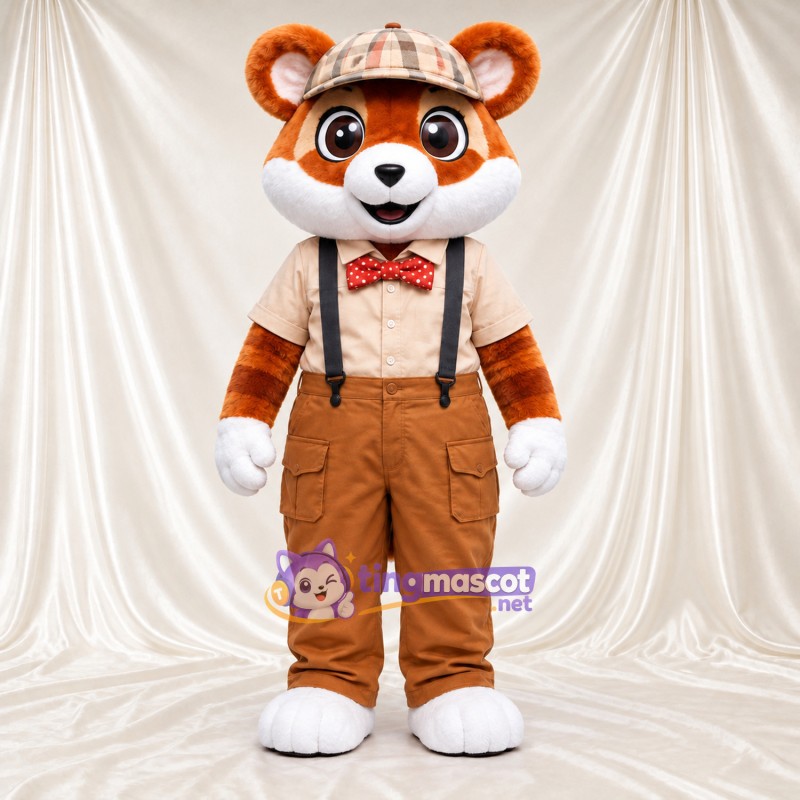 Costume de mascotte Panda roux – orange / marron – Casquette; Bretelles Costume de mascotte Panda roux – orange / marron – Casquette; Bretelles
