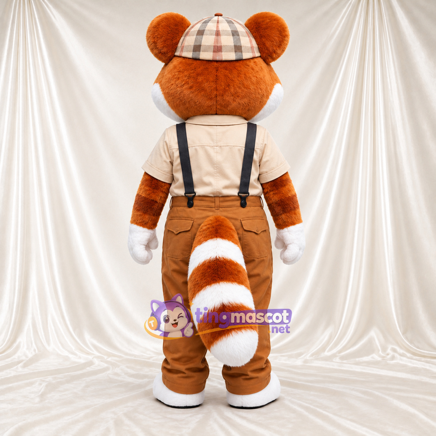 Costume de mascotte Panda roux – orange / marron – Casquette; Bretelles Costume de mascotte Panda roux – orange / marron – Casquette; Bretelles