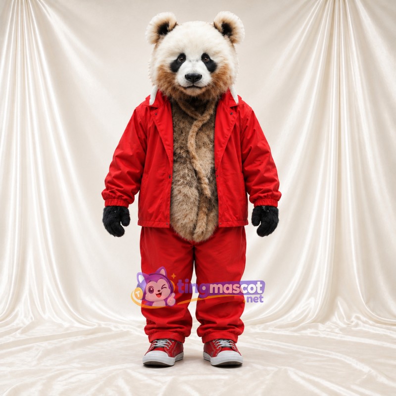 Costume de mascotte Panda – crème / noir – Veste (rouge); Pantalon Costume de mascotte Panda – crème / noir – Veste (rouge); Pantalon