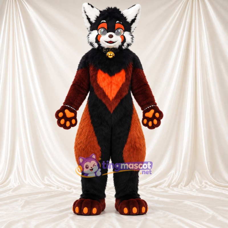Black and Orange Cat Mascot Costume - Heart Chest Patch and Bell Collar Black and Orange Cat Mascot Costume - Heart Chest Patch and Bell Collar