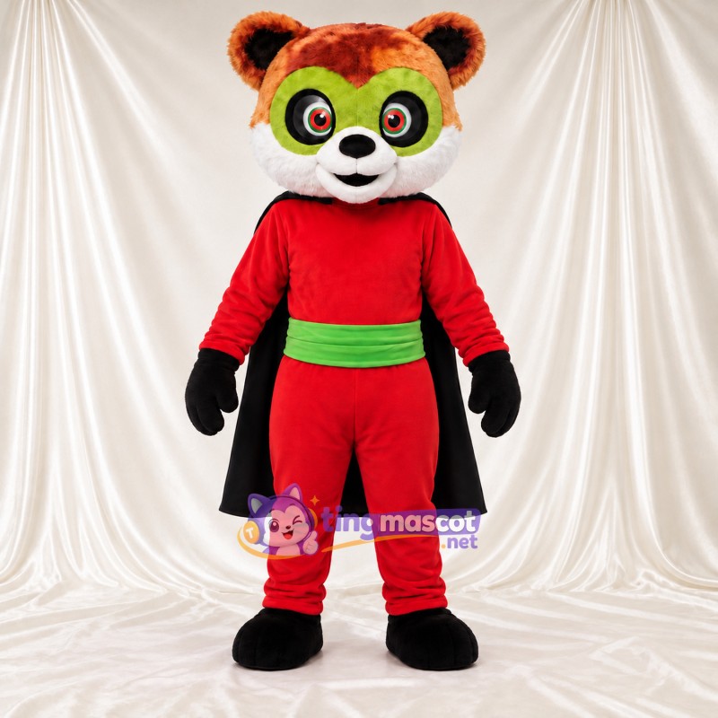 Maskottchenkostüm Roter Panda – orange / braun – Augenmaske (grün); Outfit (rot) Maskottchenkostüm Roter Panda – orange / braun – Augenmaske (grün); Outfit (rot)