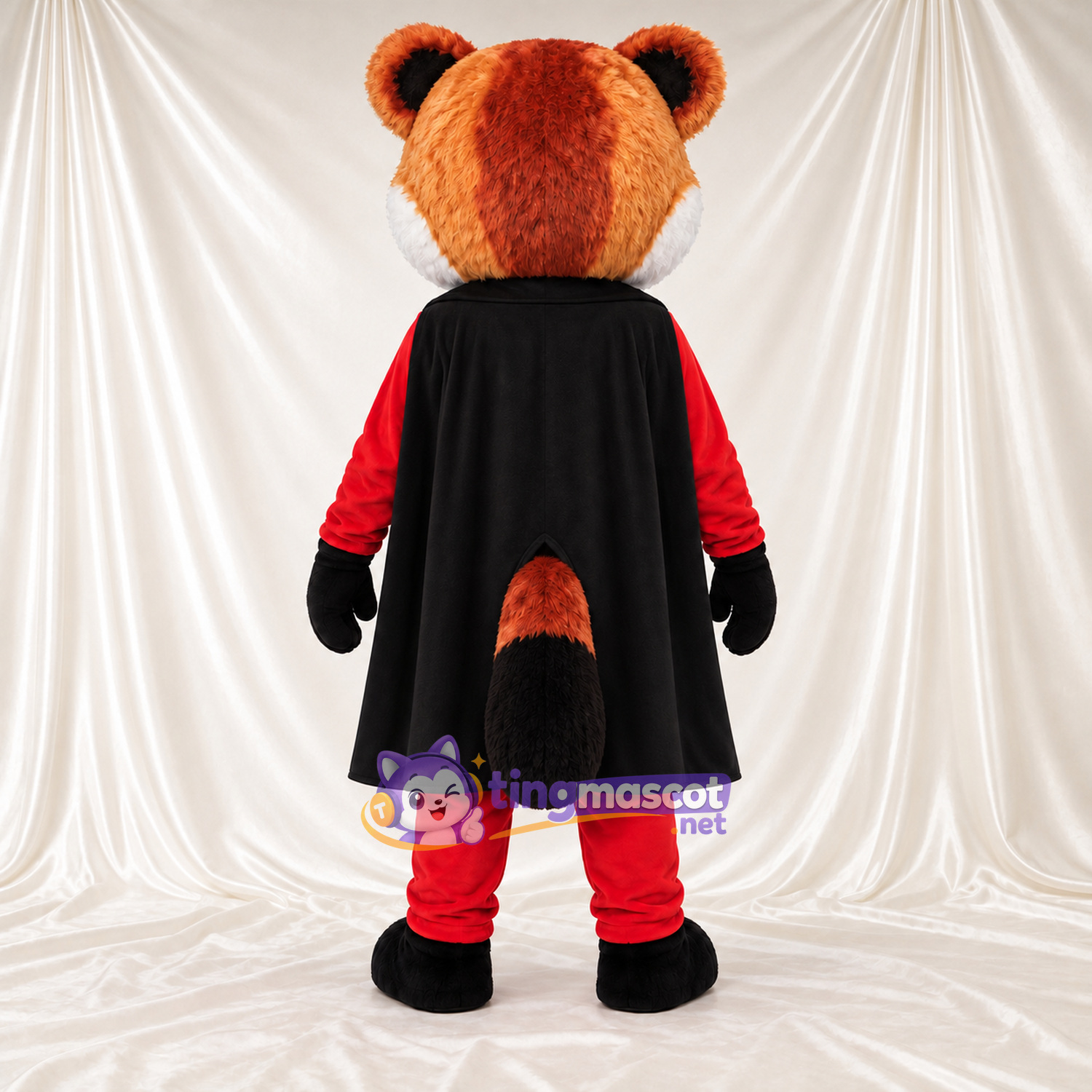 Maskottchenkostüm Roter Panda – orange / braun – Augenmaske (grün); Outfit (rot) Maskottchenkostüm Roter Panda – orange / braun – Augenmaske (grün); Outfit (rot)