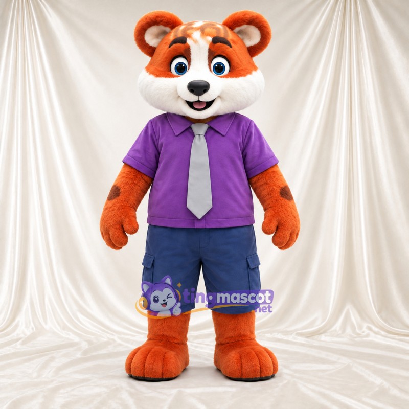 Costume de mascotte Panda roux – orange / marron – Chemise (violet); Cravate (gris) Costume de mascotte Panda roux – orange / marron – Chemise (violet); Cravate (gris)