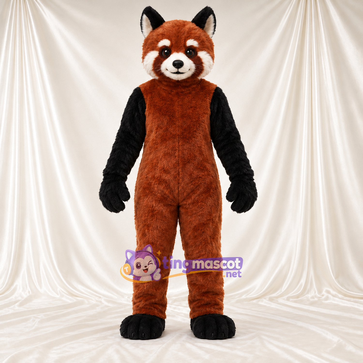 Costume de mascotte Panda roux – marron – Queue rayée (blanc); Gants (noir) Costume de mascotte Panda roux – marron – Queue rayée (blanc); Gants (noir)