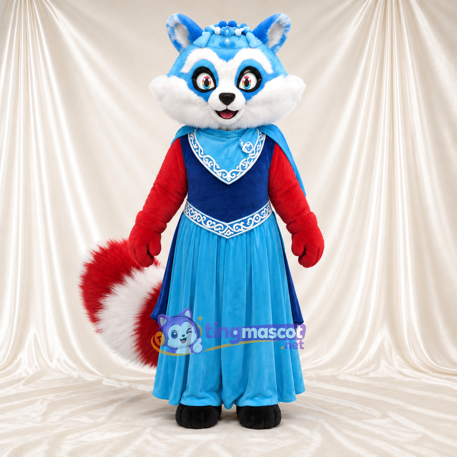 Blue, Red and White Red Panda Mascot Costume - Blue Dress Blue, Red and White Red Panda Mascot Costume - Blue Dress