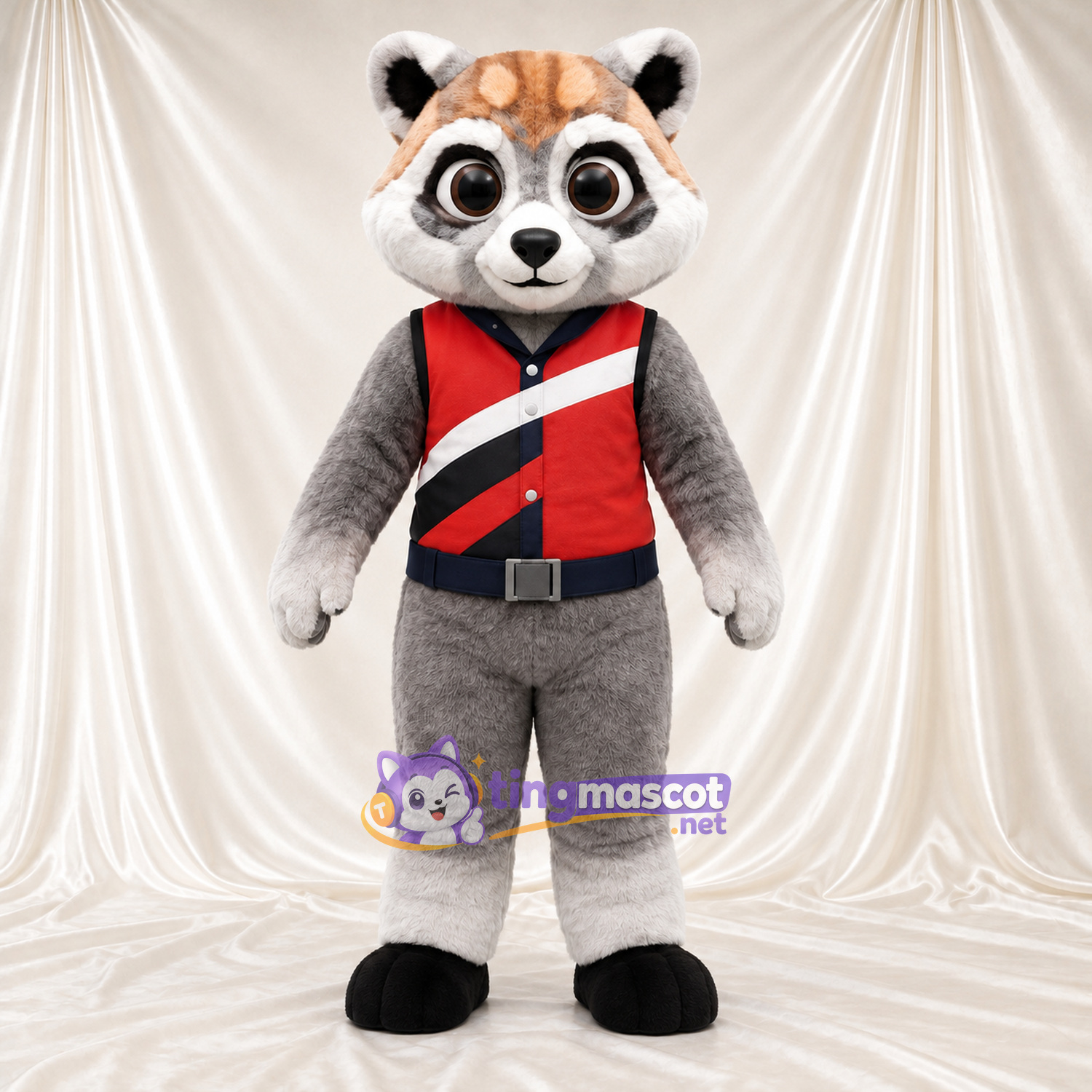 Costume de mascotte Panda roux – gris / marron – Gilet (rouge / noir)