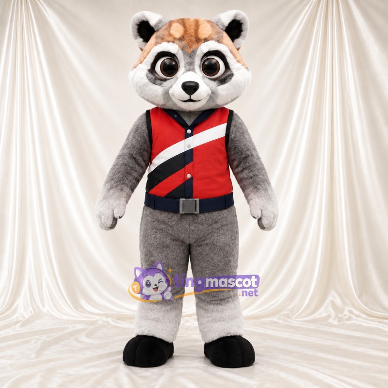 Costume de mascotte Panda roux – gris / marron – Gilet (rouge / noir)