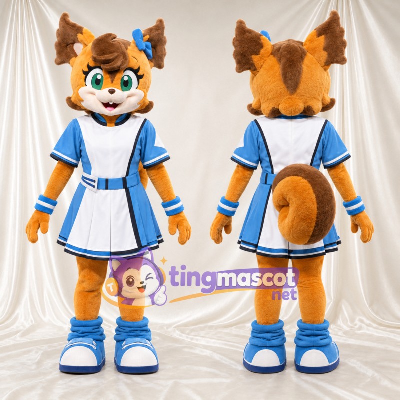 Brown Squirrel Mascot Costume - Blue and White Dress