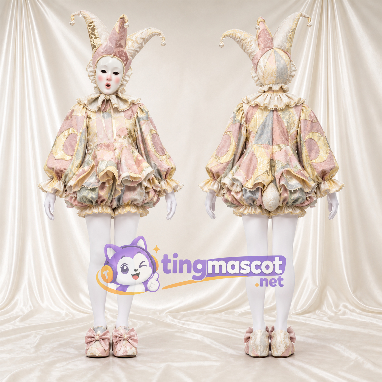 Costume de mascotte Bouffon – crème – Costume richement orné Costume de mascotte Bouffon – crème – Costume richement orné