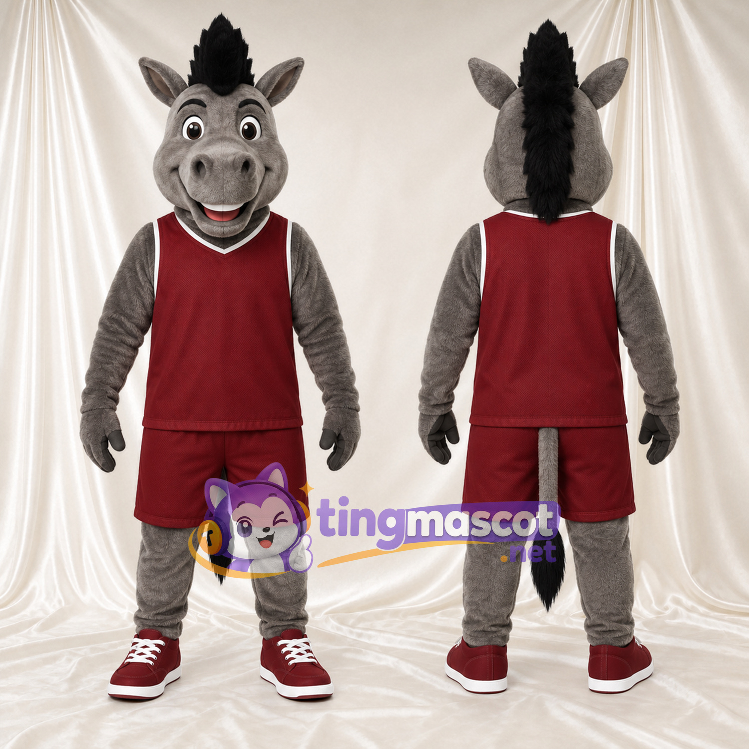 Costume de mascotte Âne – gris – Tenue de sport (bordeaux) Costume de mascotte Âne – gris – Tenue de sport (bordeaux)
