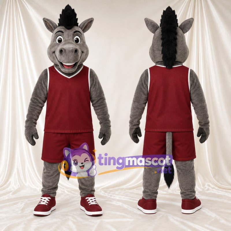 Costume de mascotte Âne – gris – Tenue de sport (bordeaux)