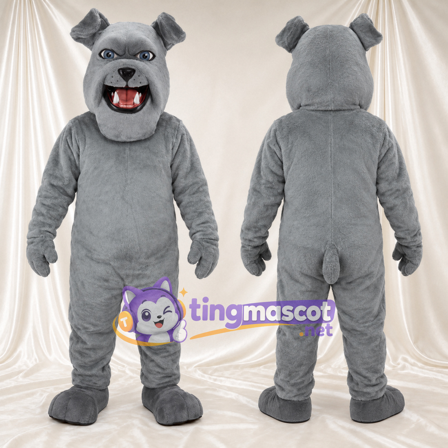 Costume de mascotte Bouledogue – gris – Bouche ouverte; Crocs pointus Costume de mascotte Bouledogue – gris – Bouche ouverte; Crocs pointus