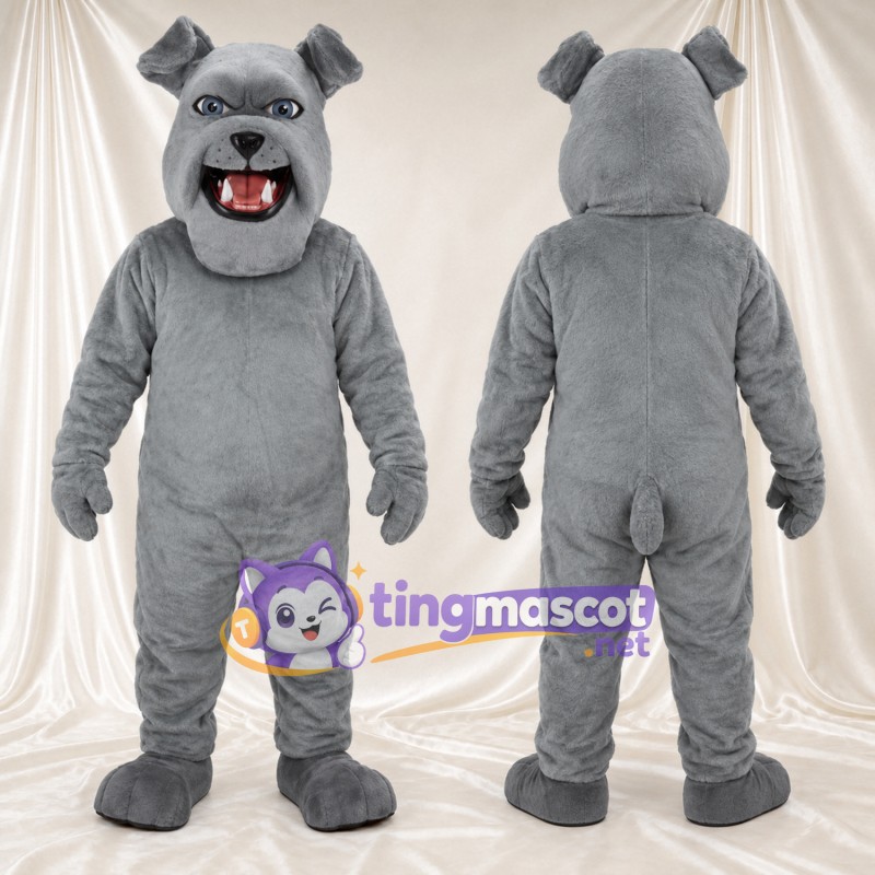 Costume de mascotte Bouledogue – gris – Bouche ouverte; Crocs pointus