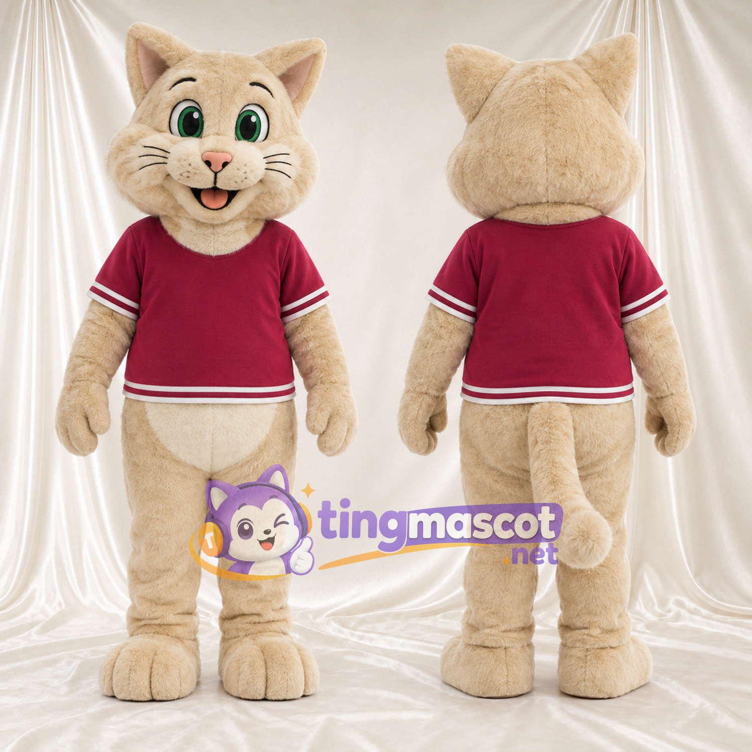 Costume de mascotte Chat – crème – Chemise (bordeaux) Costume de mascotte Chat – crème – Chemise (bordeaux)
