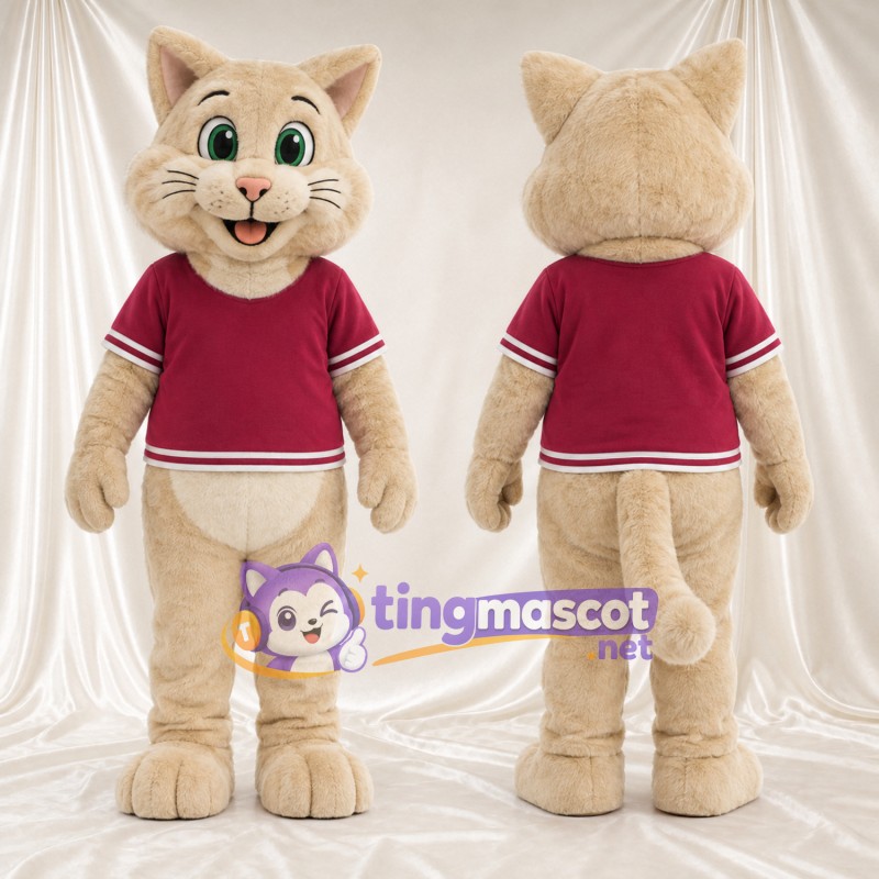 Costume de mascotte Chat – crème – Chemise (bordeaux)