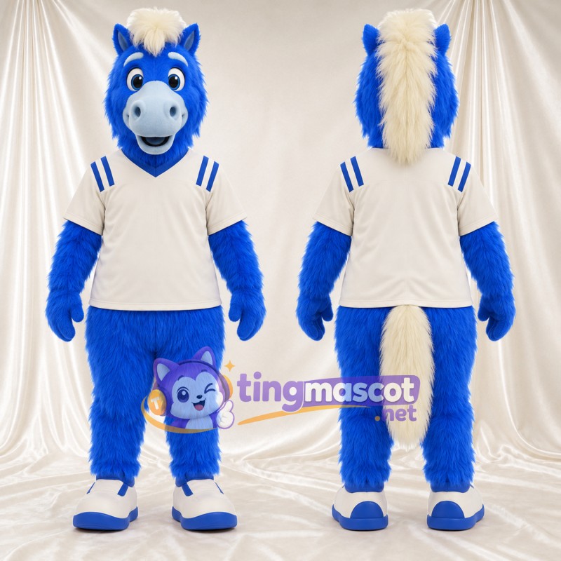 Costume de mascotte Cheval – bleu – Chemise (blanc); Visage souriant