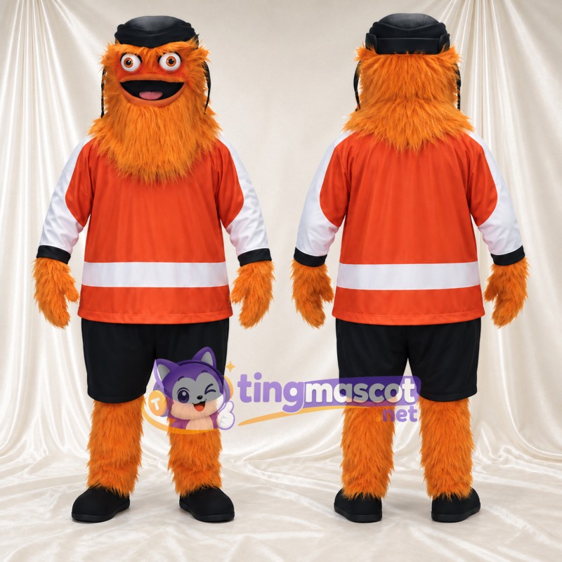 Orange Gritty Mascot Costume - Orange Hockey Jersey and Black Helmet Orange Gritty Mascot Costume - Orange Hockey Jersey and Black Helmet