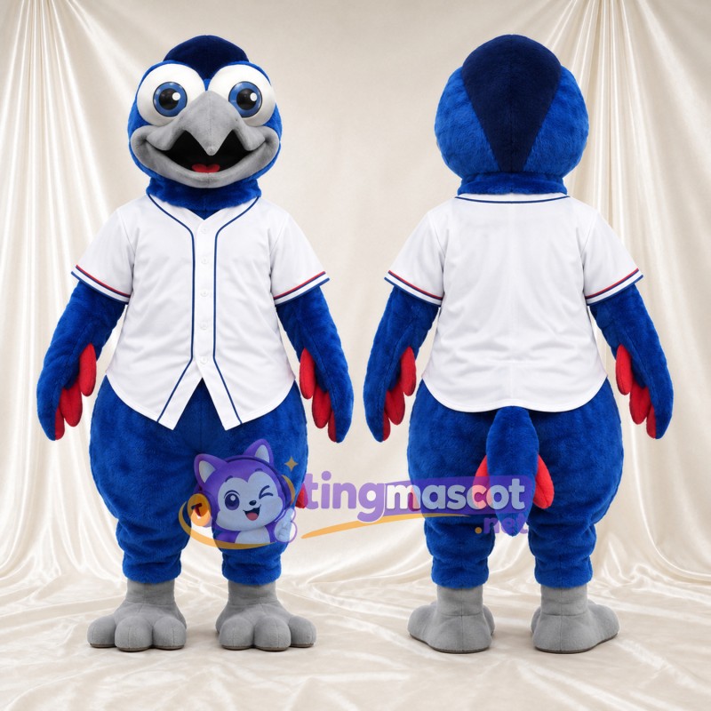 Maskottchenkostüm Vogel – blau – Baseballtrikot (weiß)
