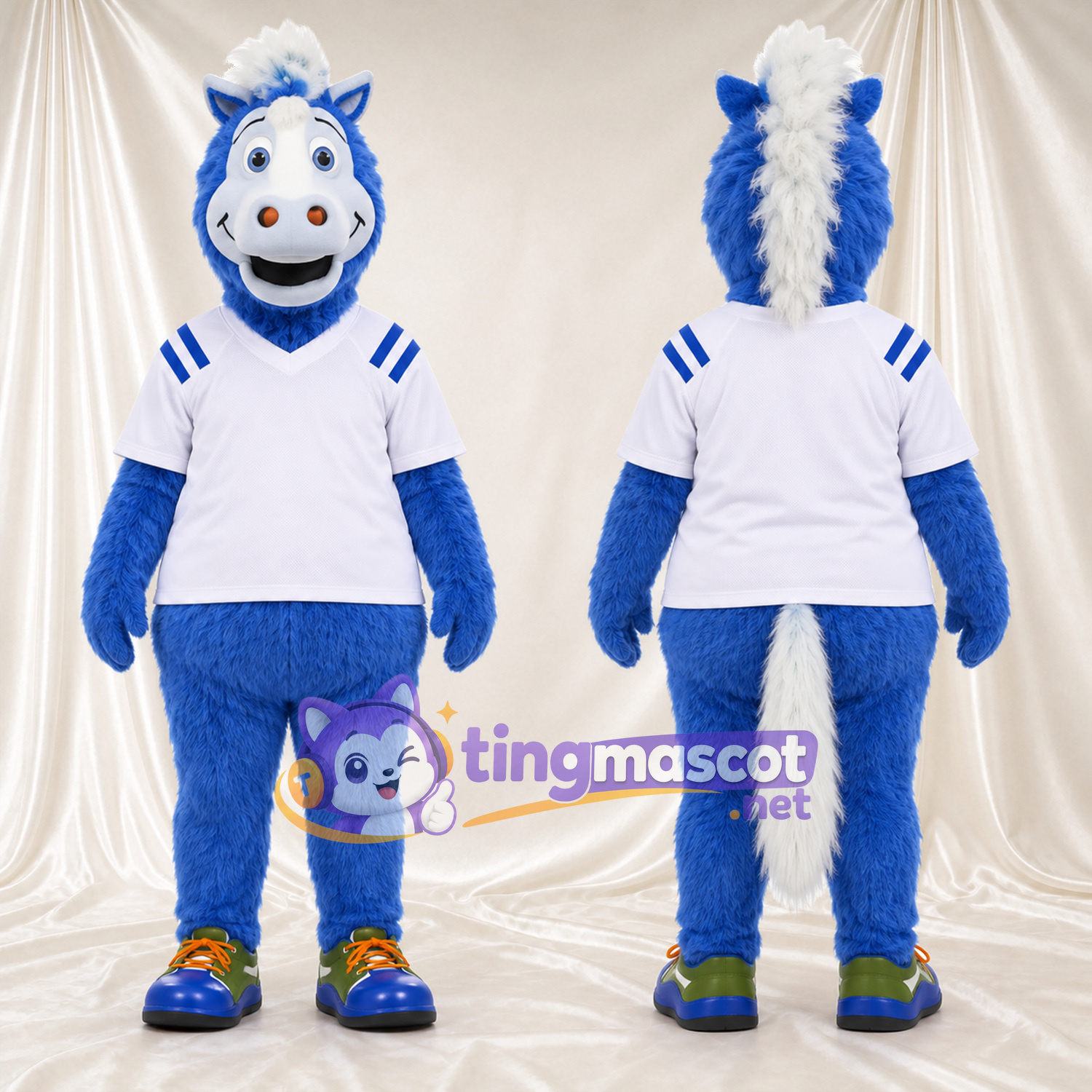 Costume de mascotte Cheval – bleu – Chemise (blanc); Museau (blanc) Costume de mascotte Cheval – bleu – Chemise (blanc); Museau (blanc)