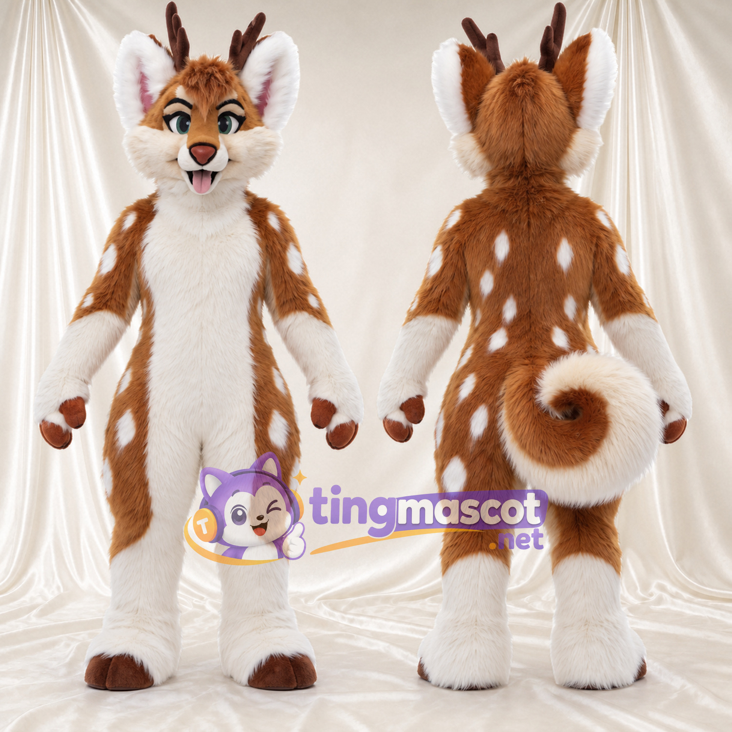 Brown and White Fantasy Creature Mascot Costume - Branched Antlers, Spotted Fur and Curled Tail Brown and White Fantasy Creature Mascot Costume - Branched Antlers, Spotted Fur and Curled Tail