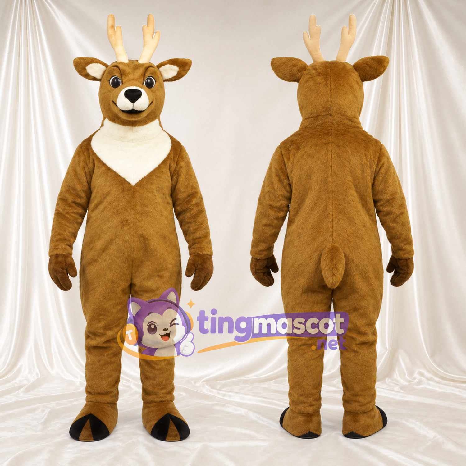 Costume de mascotte Cerf – marron – Torse (blanc); Bois (crème) Costume de mascotte Cerf – marron – Torse (blanc); Bois (crème)