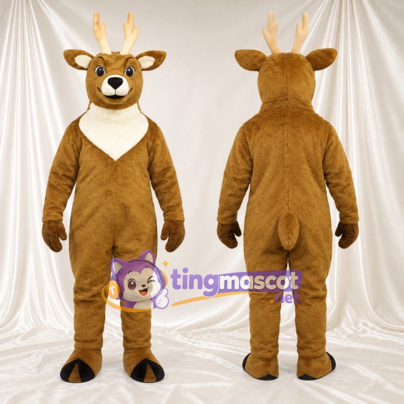 Costume de mascotte Cerf – marron – Torse (blanc); Bois (crème)