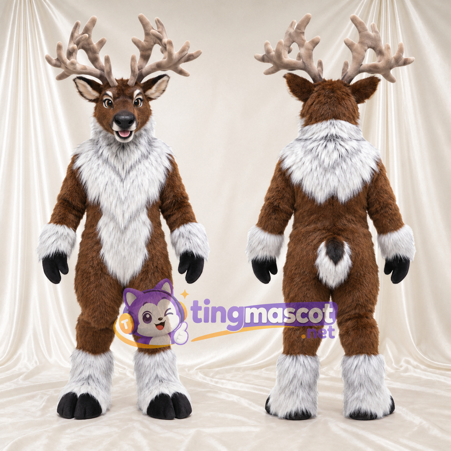 Costume de mascotte Cerf – marron – Griffes (blanc); Collerette (blanc)