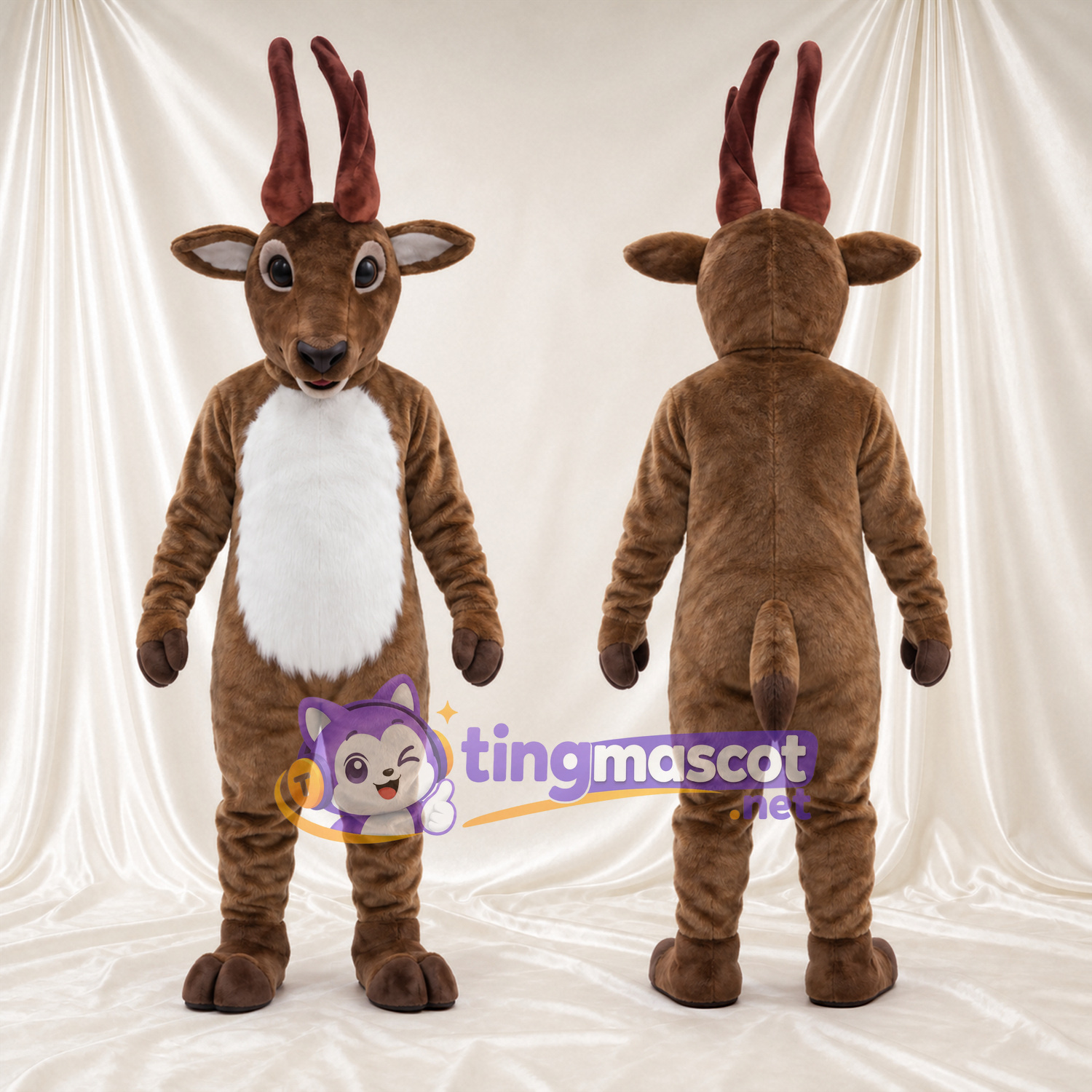 Costume de mascotte Antilope – marron – Ventre (blanc); Cornes (marron) Costume de mascotte Antilope – marron – Ventre (blanc); Cornes (marron)