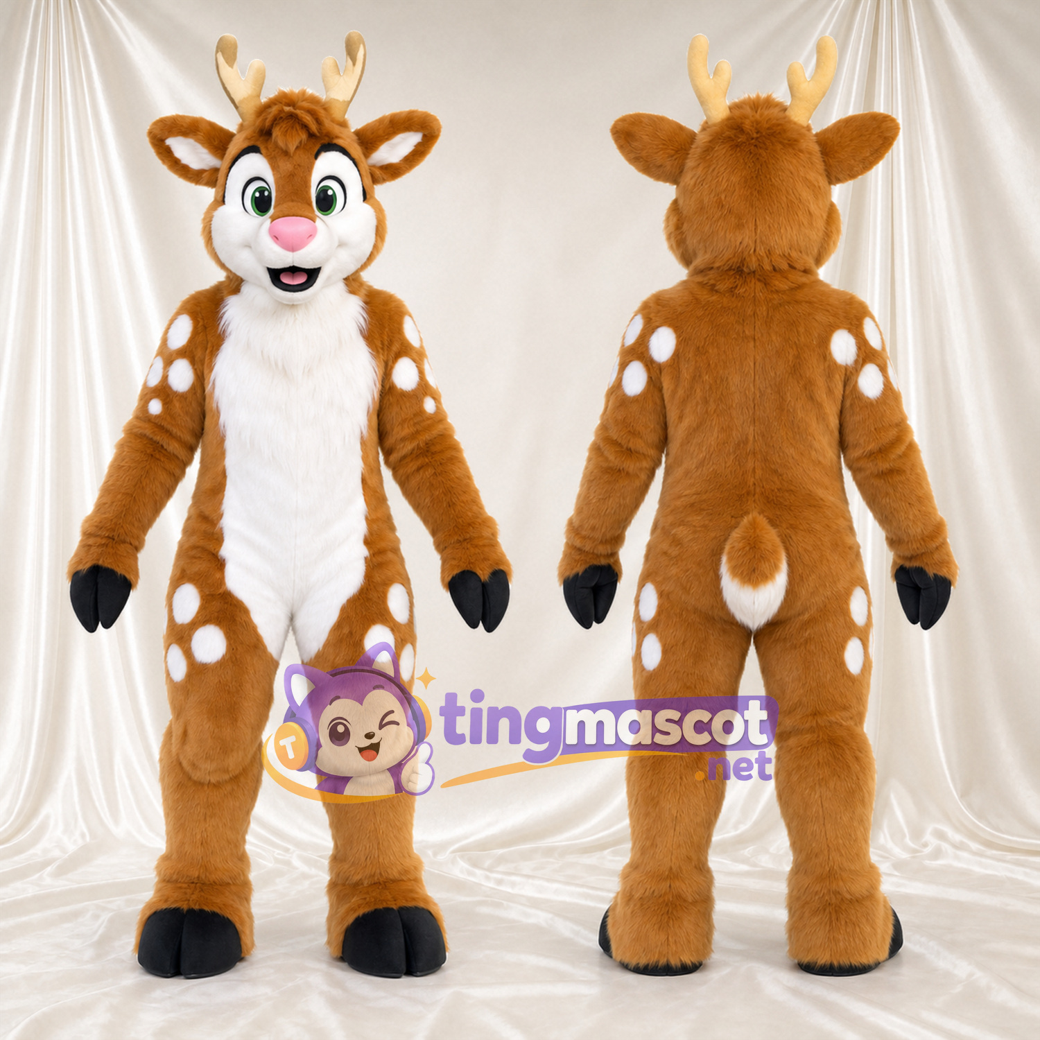 Costume de mascotte Cerf – marron – Nez (rose); Taches (blanc) Costume de mascotte Cerf – marron – Nez (rose); Taches (blanc)