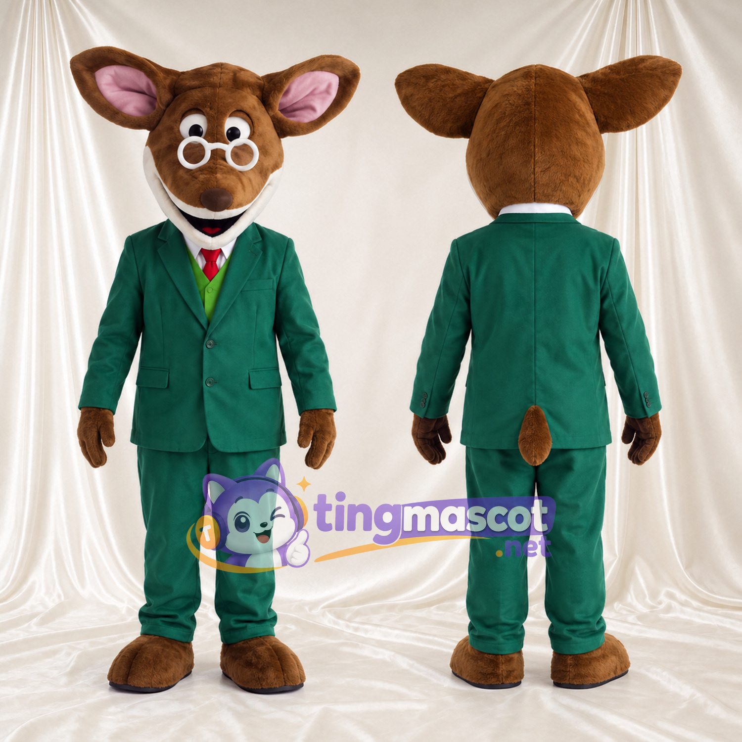 Maskottchenkostüm Hirsch – braun – Anzug (grün); Brille Maskottchenkostüm Hirsch – braun – Anzug (grün); Brille