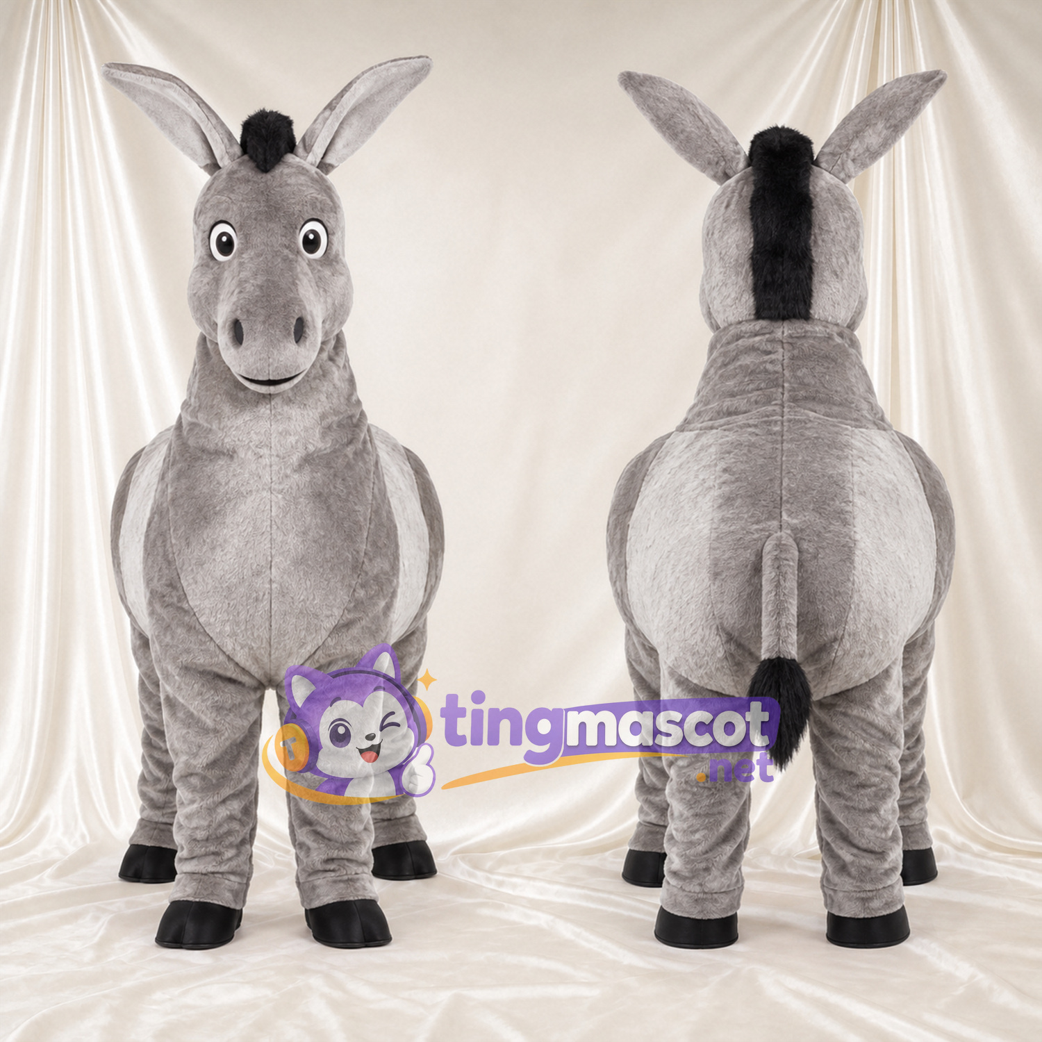 Costume de mascotte Âne – gris – Ventre rond; Crinière (noir) Costume de mascotte Âne – gris – Ventre rond; Crinière (noir)