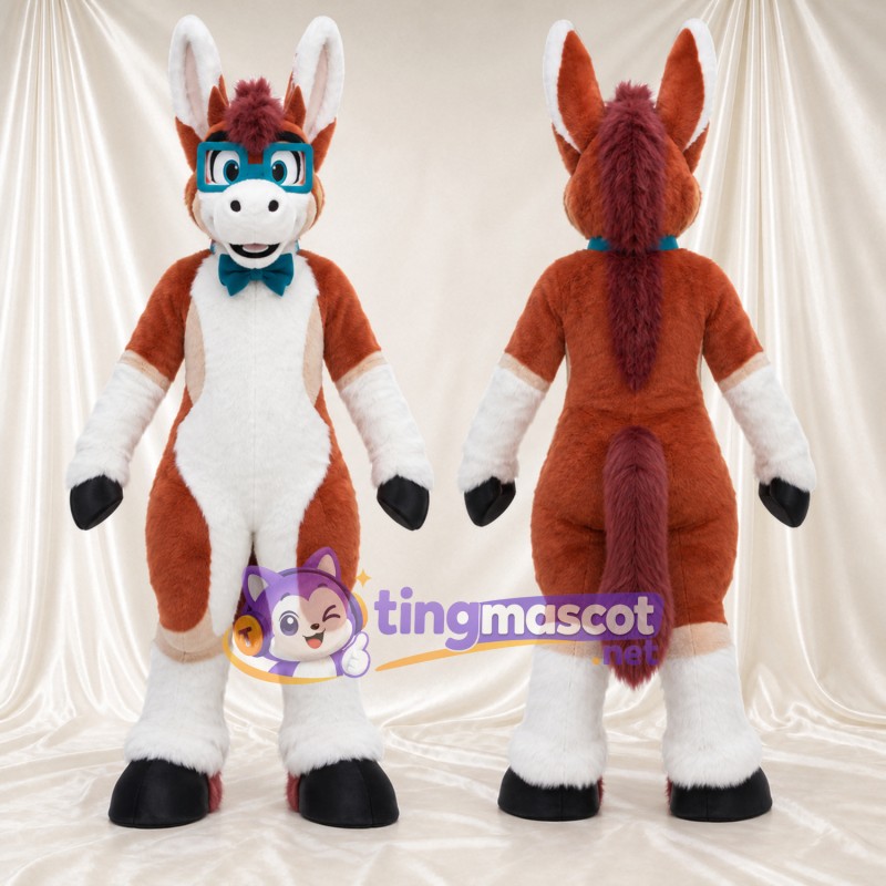 Costume de mascotte Âne – marron / blanc – Lunettes (bleu); Nœud papillon