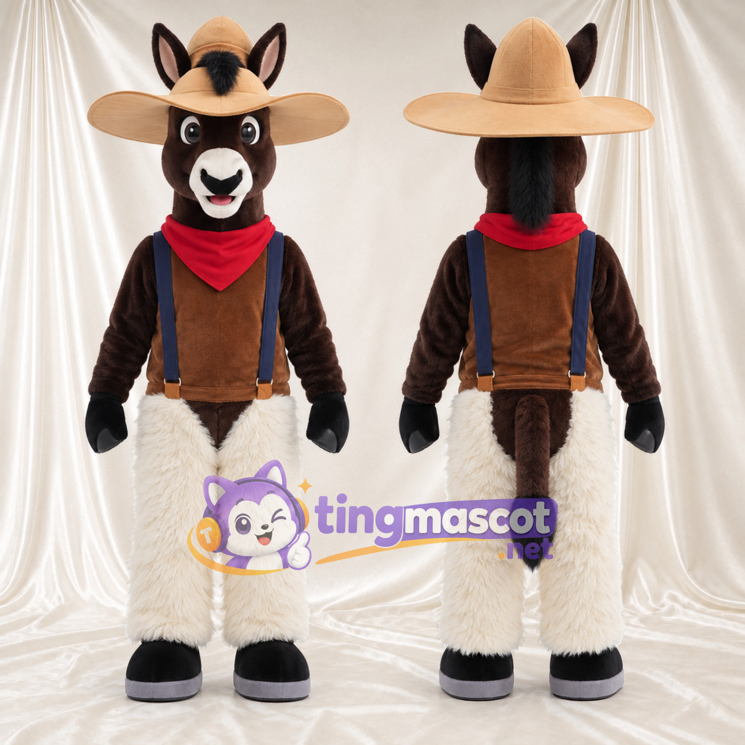 Costume de mascotte Âne – marron – Chapeau de cowboy; Gilet Costume de mascotte Âne – marron – Chapeau de cowboy; Gilet