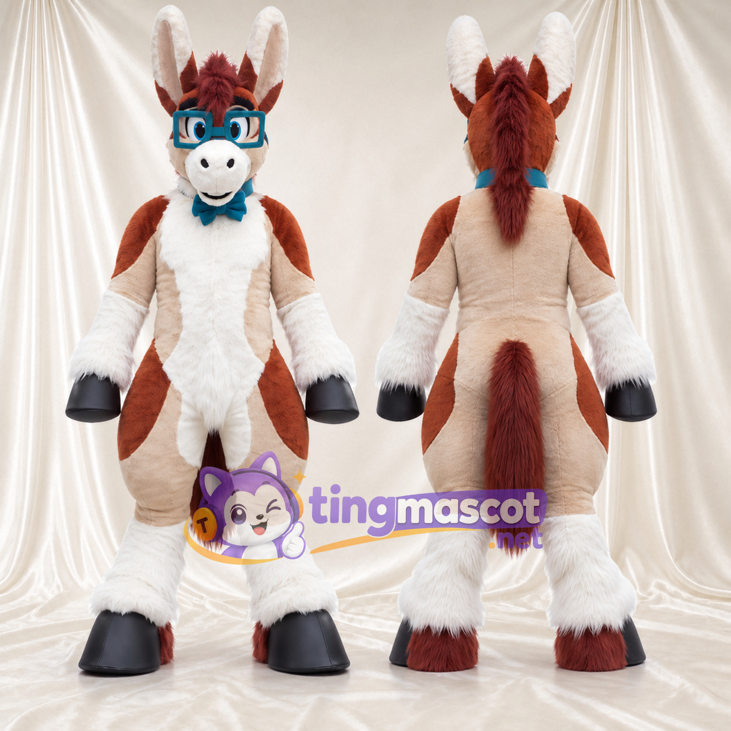 Costume de mascotte Âne – marron / blanc – Lunettes (bleu); Nœud papillon Costume de mascotte Âne – marron / blanc – Lunettes (bleu); Nœud papillon